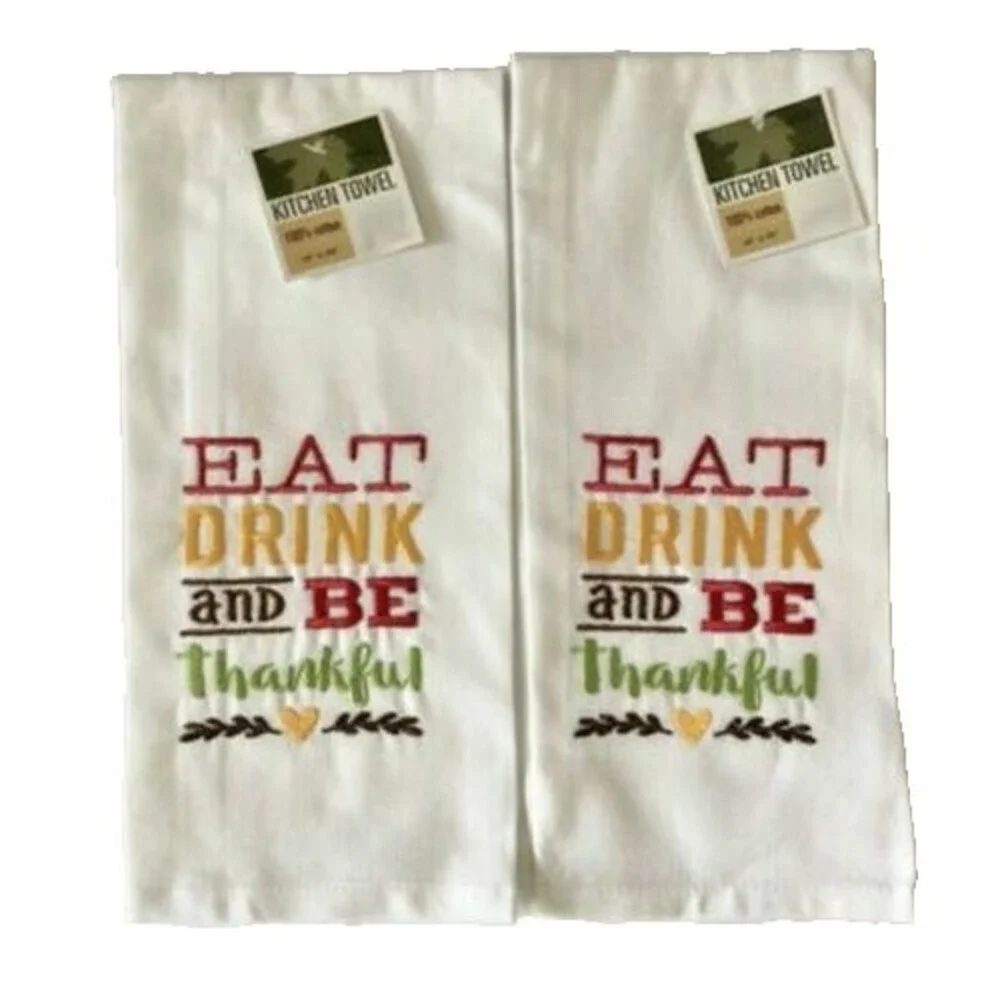 Thanksgiving Kitchen Dish Towels Set of 2 Embroidered Thankful Cotton Sack Cloth